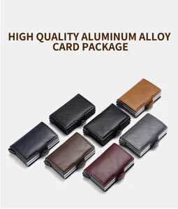 Metal card holder wallet with pop up aluminum case and wear resistant PU leather finish.