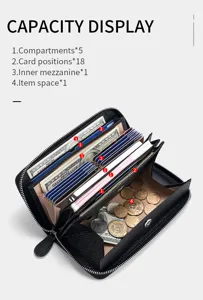 Echtes Leder langes Portemonnaie mit RFID Schutz, grossen Fächern für Karten und Bargeld.
