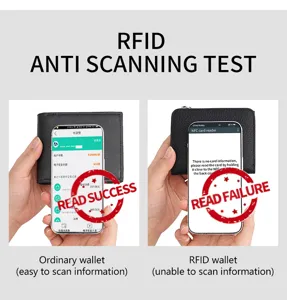 Echtleder RFID-sicherer Reißverschluss Geldbeutel mit Anti-Scanning Test für mehr Sicherheit.