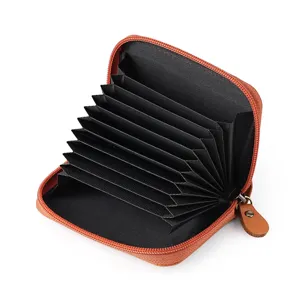 Tarjetero de cuero tipo acordeon para hombre con cremallera RFID bloqueo cartera.