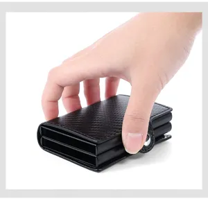 Men double layer aluminum card holder with carbon fiber texture wallet detail view.
