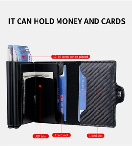 Detail view of men's carbon fiber PU leather popup card holder wallet with multiple card slots.