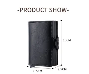 Men minimalist PU leather RFID blocking card holder wallet with auto pop-up aluminum case.