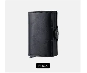 Mens black PU leather pop up card holder wallet with aluminum case and snap closure details