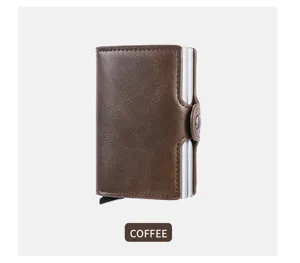 Men minimalist leather card holder with aluminum pop up case coffee color sleek wallet.