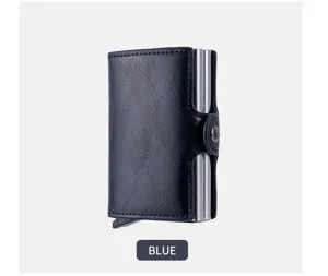 Detailed view of the blue pu leather automatic pop-up card holder wallet with metal mechanism.