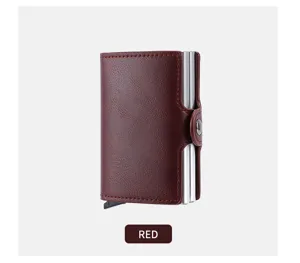 Close-up detail of the pop-up card holder featuring textured PU leather and metallic finish.