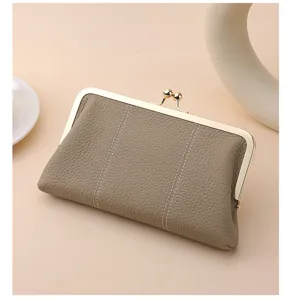 Genuine leather kiss lock clutch wallet, vintage long coin purse with elegant gold metal frame.
