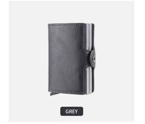 Grey metal aluminum card case wallet with PU leather, slim pop-up credit card holder detail.