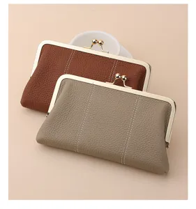 Genuine leather long kiss-lock wallet women metal frame clutch purse large capacity stylish design