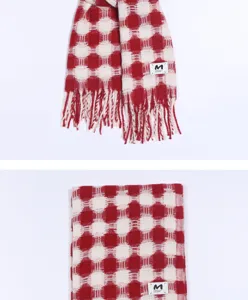 Red white polka dot cashmere feel scarf winter warm tassel fringe detail close up view
