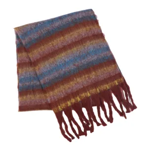 Winter warm striped tassel scarf, soft fuzzy texture, stylish retro multi-color design.