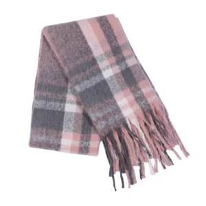 Detail view of a soft pink and grey plaid winter scarf featuring cozy fringe tassels.