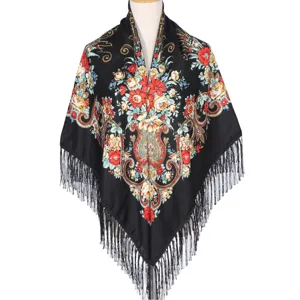 Traditional Russian floral print black shawl with elegant fringe, retro ethnic square scarf.