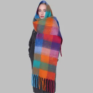 Colorful mohair plaid winter scarf detail display, thick fringe shawl for women warm.