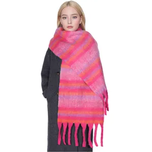 Cozy thick winter striped scarf with fringe detail, soft material for chilly weather wear.