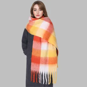 Cozy colorful plaid winter scarf for women, thick mohair tassel shawl for cold weather.