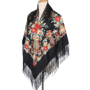 Traditional Russian floral print black shawl scarf with elegant fringe for women vintage style
