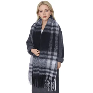 Cozy black and grey plaid winter scarf, thick warm mohair-like oversized shawl accessory.