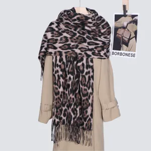 Classic leopard print tassel scarf for women, soft warm winter cashmere feel long shawl.