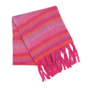 Colorful striped winter scarf with fringe detail, cozy soft knit warm neck accessory.