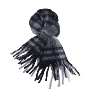 Winter plaid mohair scarf cozy thick warm fringe shawl black grey fashion winter accessory