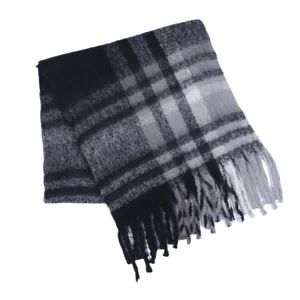 Classic black grey white plaid winter scarf with cozy fringe warm soft tassel shawl.