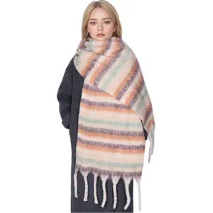 Detailed view of a cozy winter striped scarf featuring multi-color pattern and soft knit fabric.