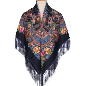 Detailed view of traditional floral tassel square scarf, elegant ethnic shawl for women.