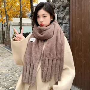 Plush winter scarf for women, thick warm faux rabbit fur scarf with fringe, solid color.