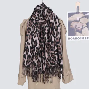 Leopard print imitation cashmere tassel scarf detail, autumn winter warm fashion neck wrap accessory.