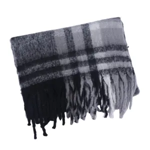 Classic black and grey plaid winter scarf with fringe, thick warm oversized shawl for women.