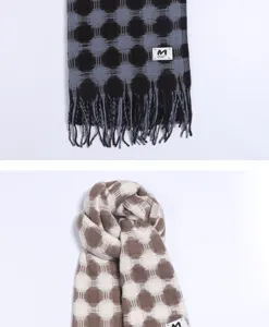 Thickened imitation cashmere winter scarf with elegant polka dot grid pattern and cozy fringe.