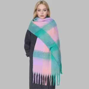 Women's autumn winter thick plaid scarf soft mohair tassel fringe shawl multi color warm wrap