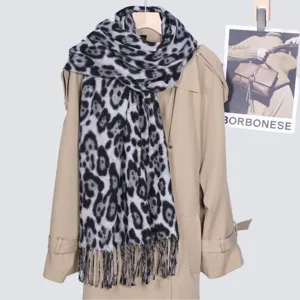 Classic grey leopard print tassel scarf women autumn winter warm imitation cashmere