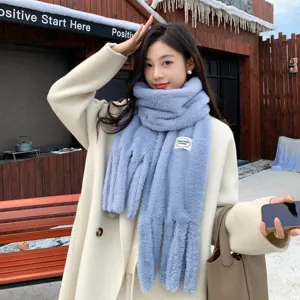 Winter plush faux rabbit fur thick warm tassel scarf for women, solid color cozy neck warmer.