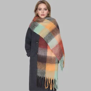 Colorful plaid mohair winter scarf for women, thick fringed shawl wrap outerwear accessory.