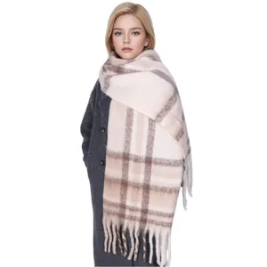 Winter cozy warm plaid scarf for women, thick mohair fringe large shawl for cold weather outdoors.
