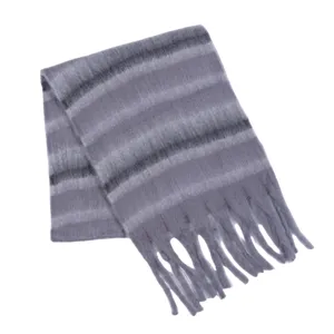 Cozy winter warm grey striped scarf with soft tassels, stylish and thick cold-weather accessory.