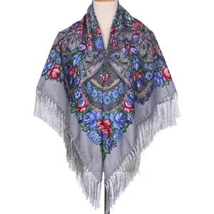 Traditional Russian floral square scarf with fringe, warm cotton vintage shawl for women.