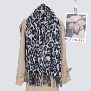 Classic grey leopard print scarf women winter warm thickened imitation cashmere tassel shawl