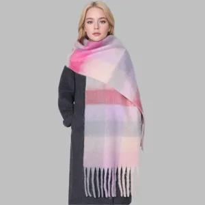 Colorful plaid mohair winter scarf with fringe, cozy warm thick oversized shawl for women.