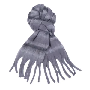 Grey winter scarf detail showing soft textured fabric, plaid stripe design and fringe tassels.