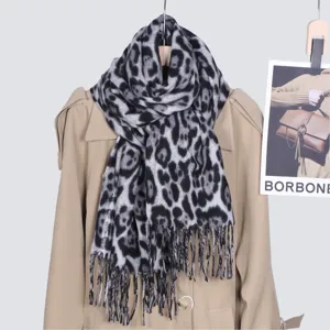 Classic grey leopard print tassel scarf for women, cozy winter cashmere feel warm shawl.