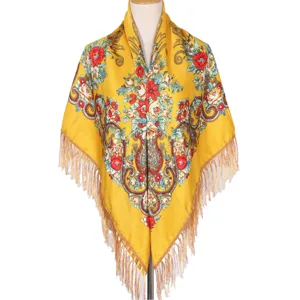 Vintage floral print fringed square scarf traditional Russian style shawl for women