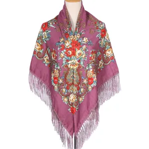 Traditional Russian floral print square shawl scarf with elegant fringe for women vintage style