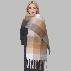 Women winter thick mohair plaid scarf shawl, cozy colorful check tassel wrap, warm fashion item.