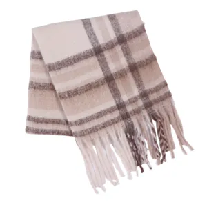 Detailed shot of winter warm plaid tassel scarf showcasing soft mohair texture close up.