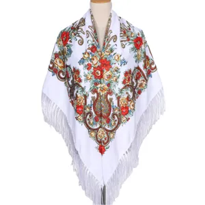 Traditional Russian style floral print square shawl with elegant white fringe for women.