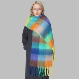 Colorful mohair plaid scarf detail, soft fuzzy texture, thick fringe and rainbow check.